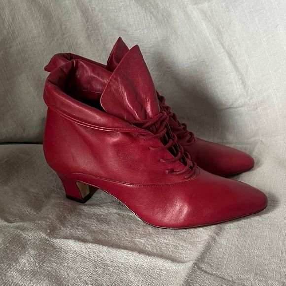 Nine west red leather booties victorian pointed toe lace up pirate witch 6.5 / 7 - Picture 3 of 9